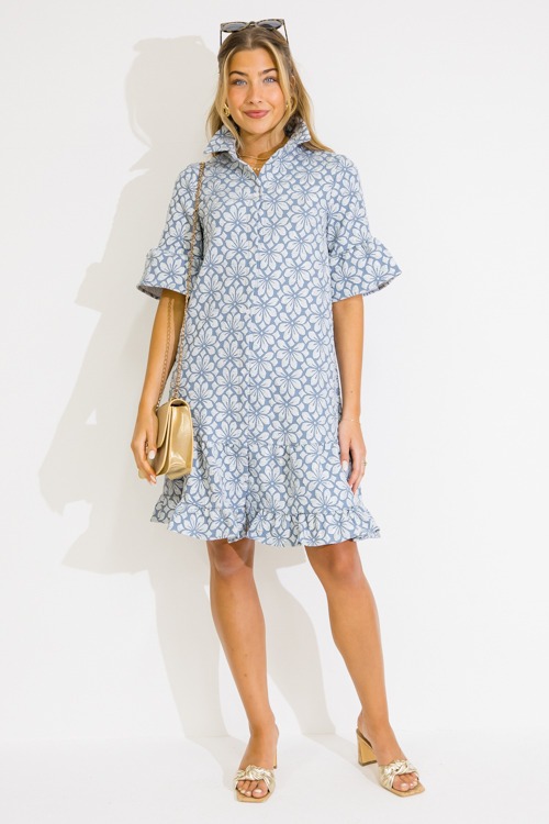 Floral Embossed Shirt Dress, Blue