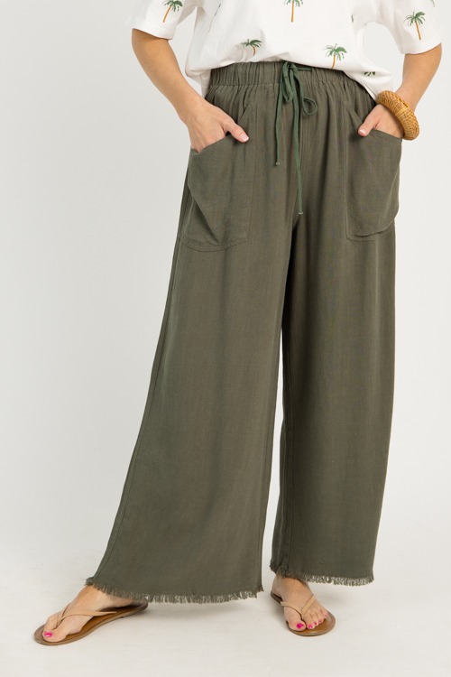 Lola Frayed Linen Pants, Olive