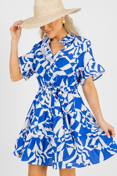 Ruffled Abstract Dress, Blue/White