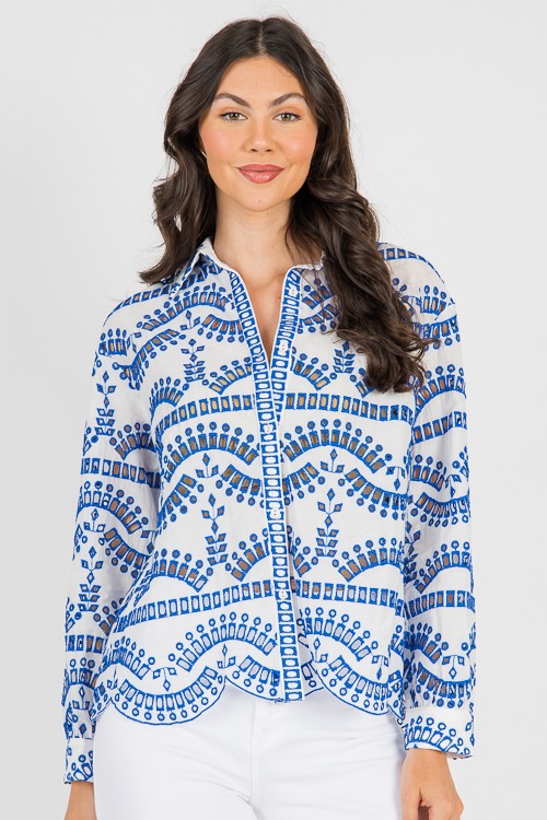 Eyelet Embroidery Shirt, Blue/White