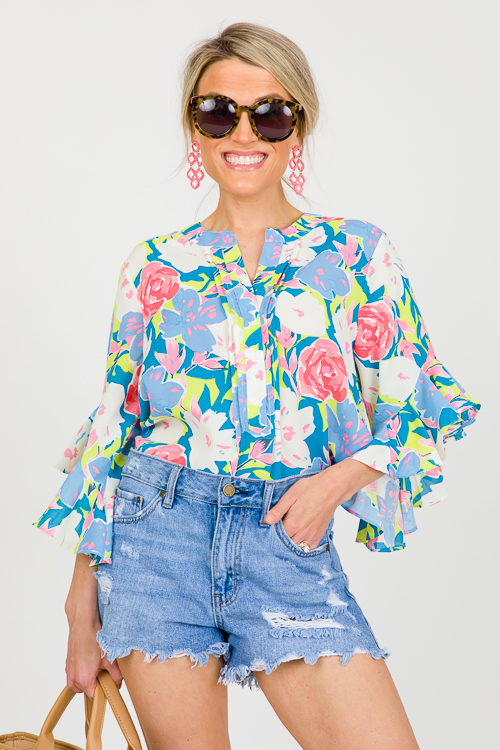 Floral Bell Sleeve Top, Steel Blue