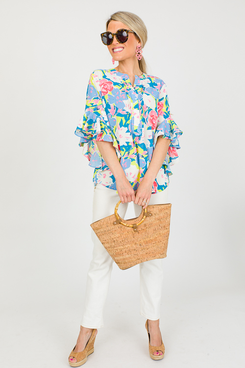 Floral Bell Sleeve Top, Steel Blue