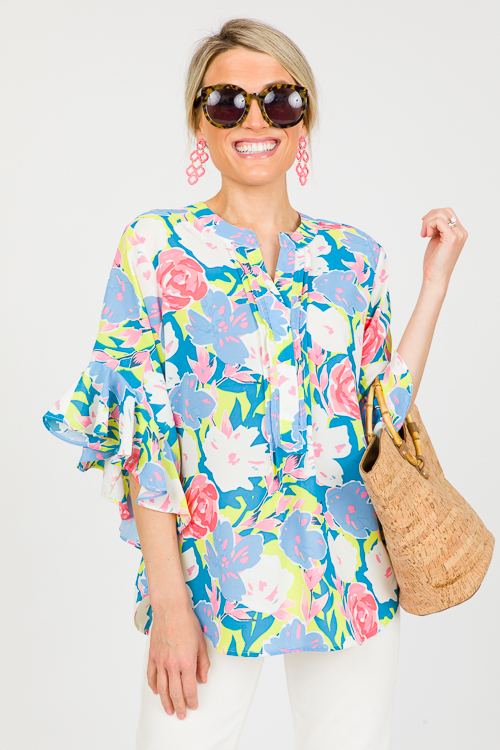 Floral Bell Sleeve Top, Steel Blue