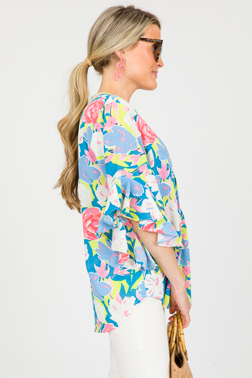 Floral Bell Sleeve Top, Steel Blue