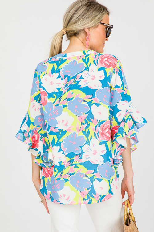 Floral Bell Sleeve Top, Steel Blue