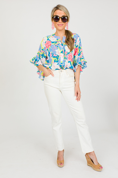 Floral Bell Sleeve Top, Steel Blue