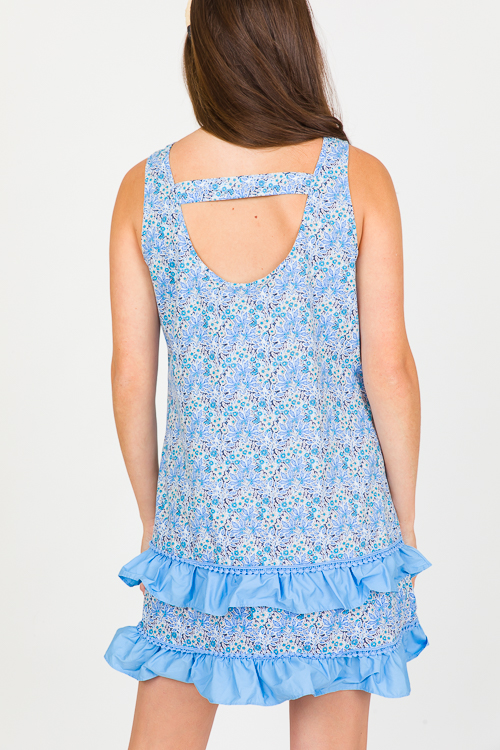 Frill Hem Floral Dress, Blue Mix
