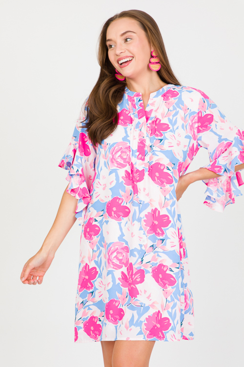 Floral Bell Sleeve Dress, Fuchsia