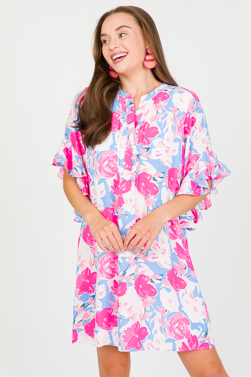 Floral Bell Sleeve Dress, Fuchsia