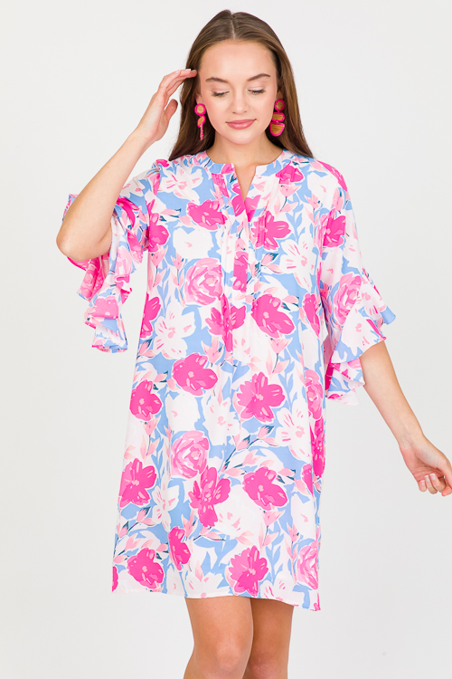 Floral Bell Sleeve Dress, Fuchsia