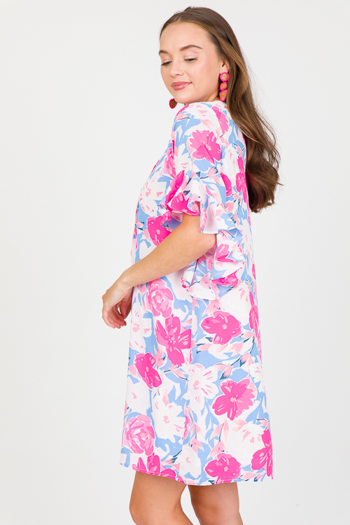 Floral Bell Sleeve Dress, Fuchsia