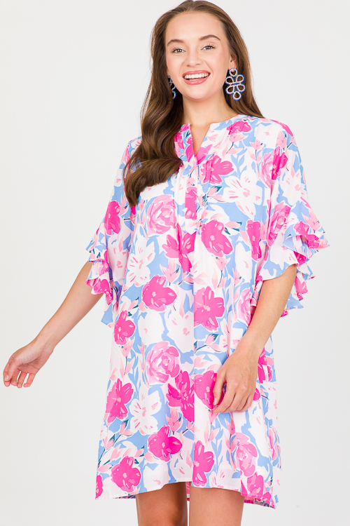 Floral Bell Sleeve Dress, Fuchsia