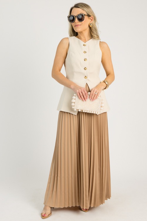 Pleated Satin Maxi Skirt, Sand
