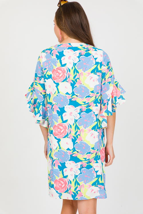 Floral Bell Sleeve Dress, Steel Blue