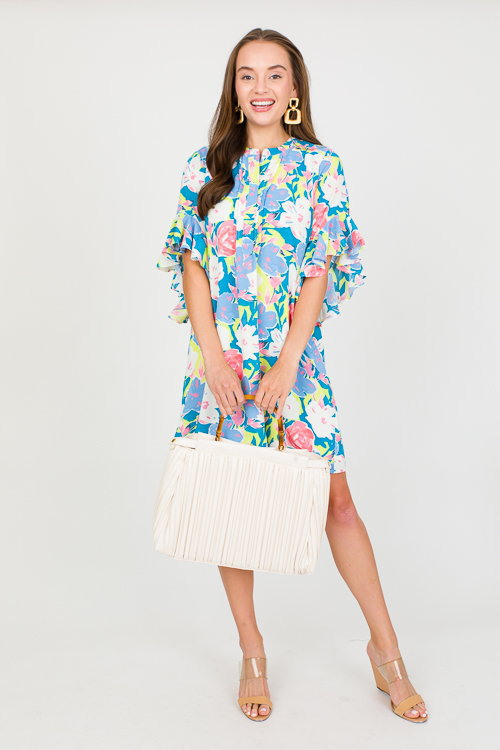 Floral Bell Sleeve Dress, Steel Blue