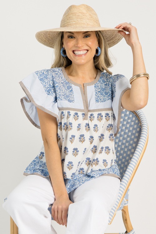 Preppy Mix Print Top, Ivory/Blue