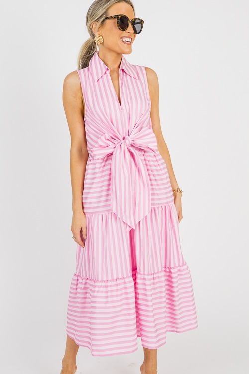 Tie Front Stripe Midi, Pink