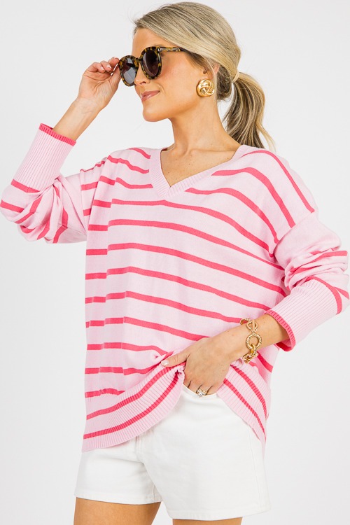 Stripe V-Neck Sweater, Pink - 0612-82p.jpg