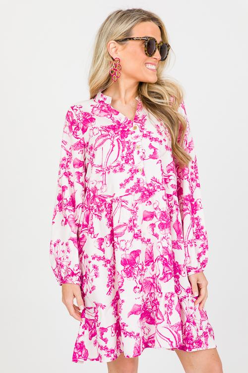 Floral Scene Dress, Hot Pink