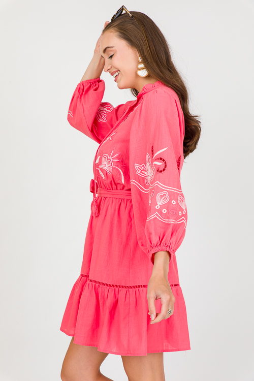 Embroidery Belted Dress, Coral