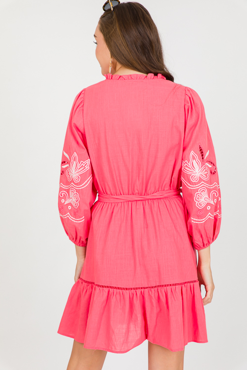 Embroidery Belted Dress, Coral
