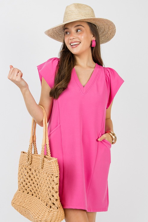 Flutter Sleeve Rib Dress, Hot Pink - 0613-42p.jpg