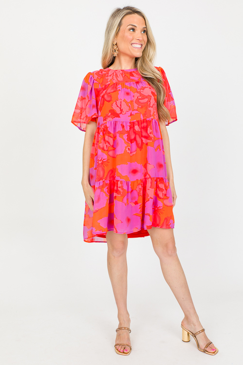 Montego Printed Dress, Coral