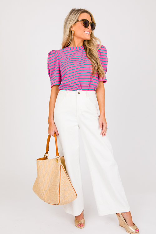 Puff Sleeve Stripe Top, Pink/Green