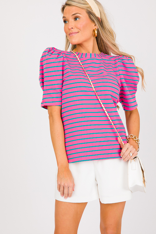 Puff Sleeve Stripe Top, Pink/Green