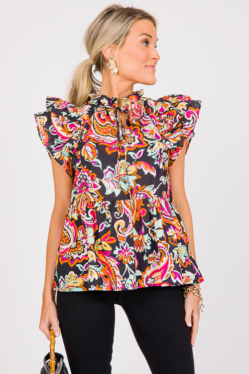 Floral Peplum Top, Black Combo