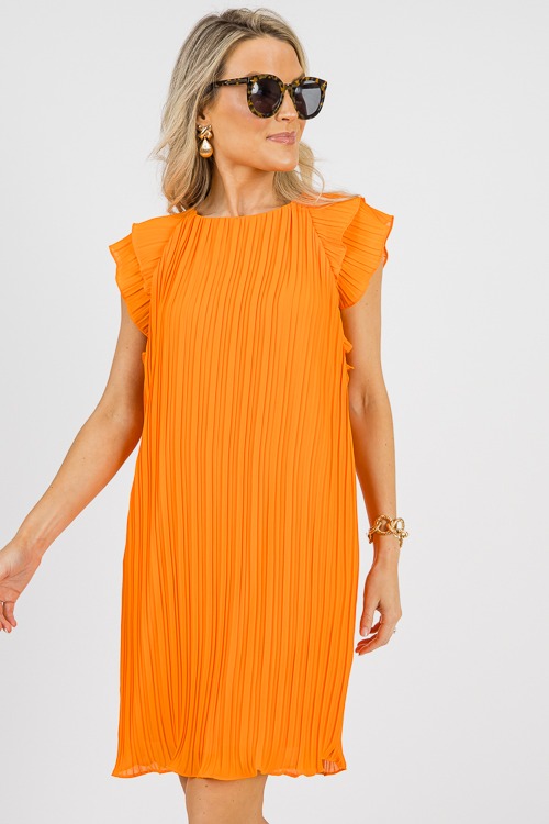 Pleated Flutter Dress, Neon Orange