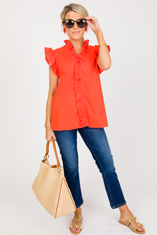 Ruffle Trim Top, Tomato Red