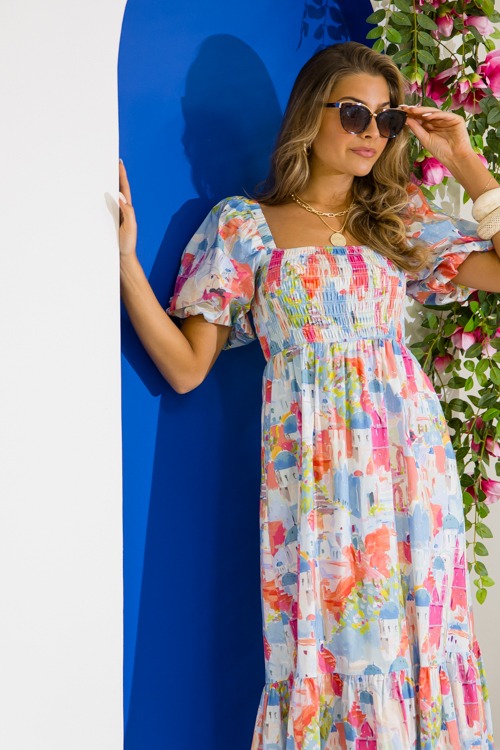 Santorini Smock Maxi, Pink Blue