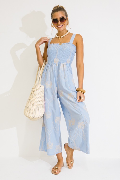 Palm Embroidery Jumpsuit, Lt. Blue