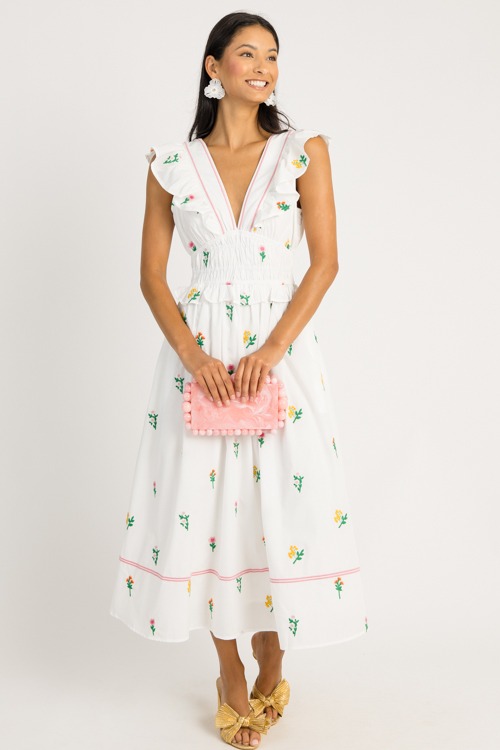 Flower Embroidery Midi, White Multi