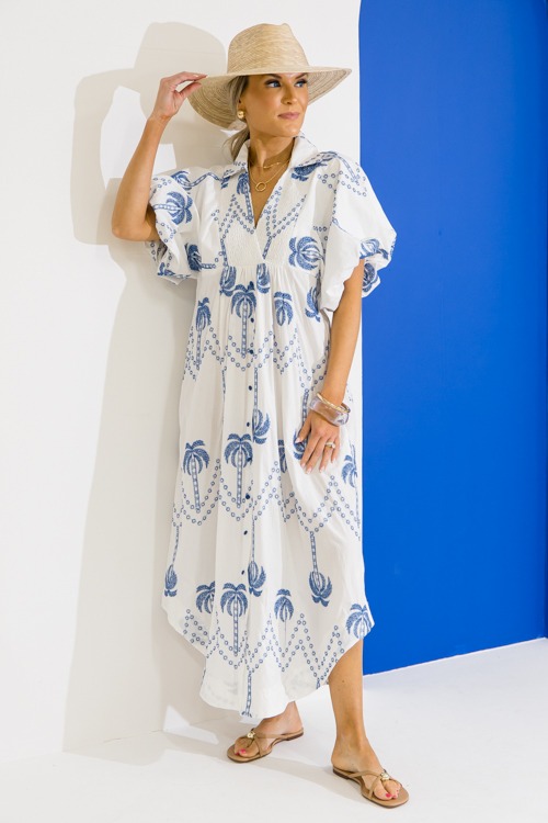 Palm Embroidery Midi, Off White/Blue