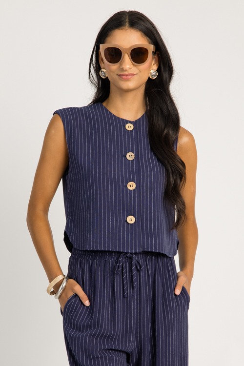 Pinstripe Button Vest, Navy