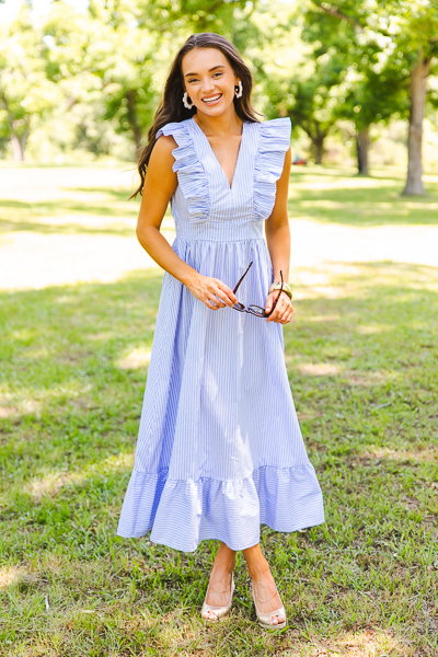 Striped Poplin Dress Stripe Ruffle Poplin Maxi, Blue