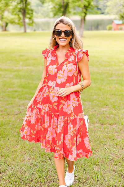 Belted Bold Blooms Dress, Tomat