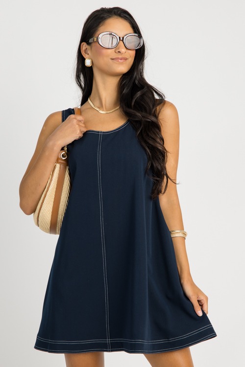 Contrast Stitch Swing Dress, Dark Navy