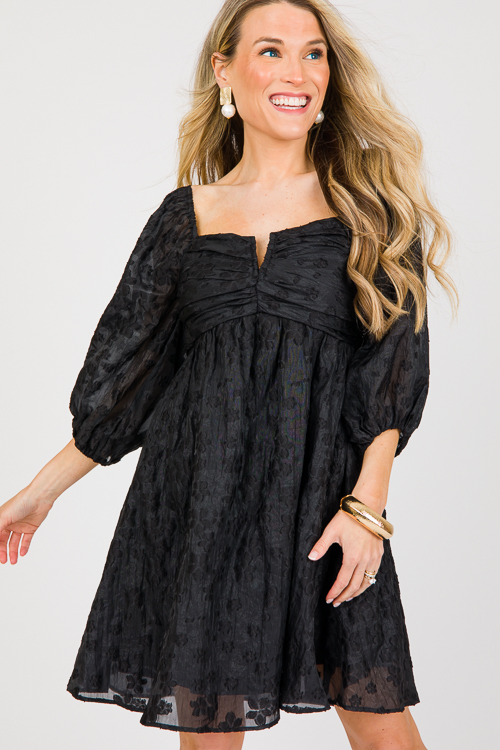 Flower Jacquard V Dress, Black