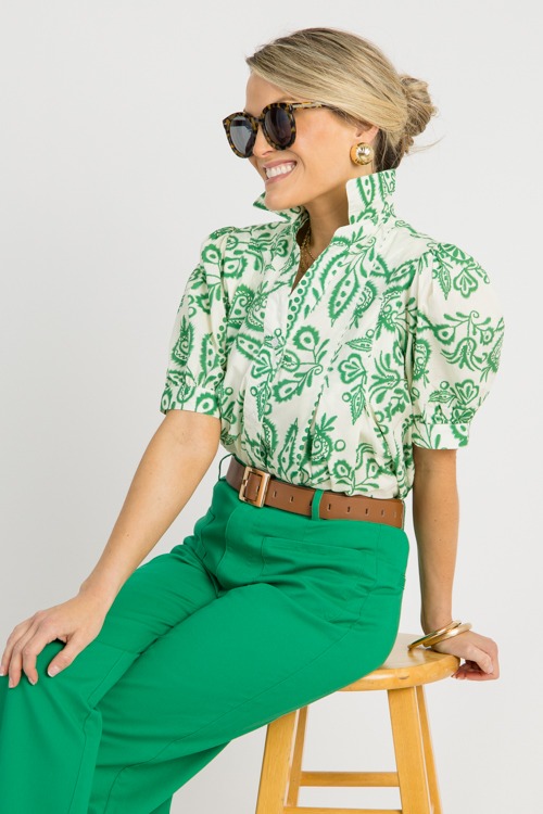 Pleated Print Button Top, Green