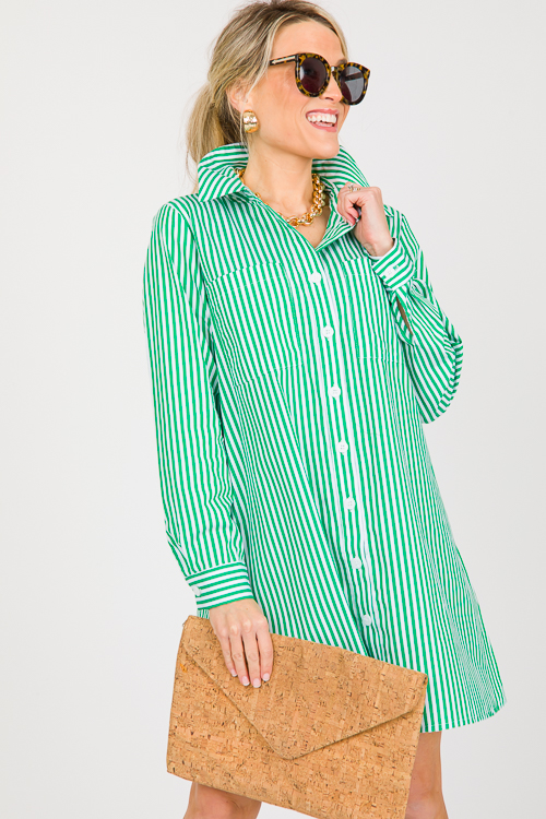 Karlie Stripe Shirt Dress, Green