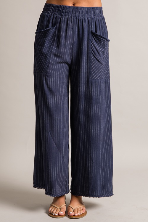 Frayed Pinstripe Pants, Navy