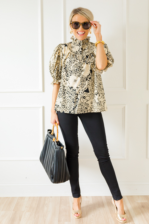 Ruffle Collar Floral Top, Black