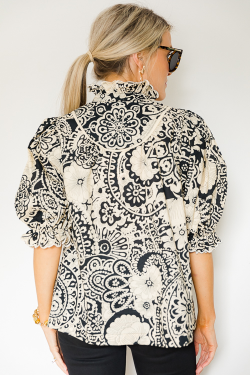 Ruffle Collar Floral Top, Black