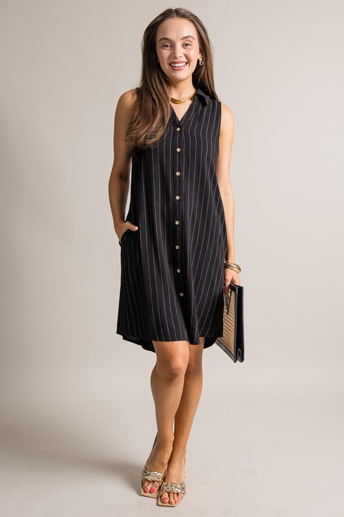 Pinstripe Linen Shirt Dress, Black - 0621-382p.jpg