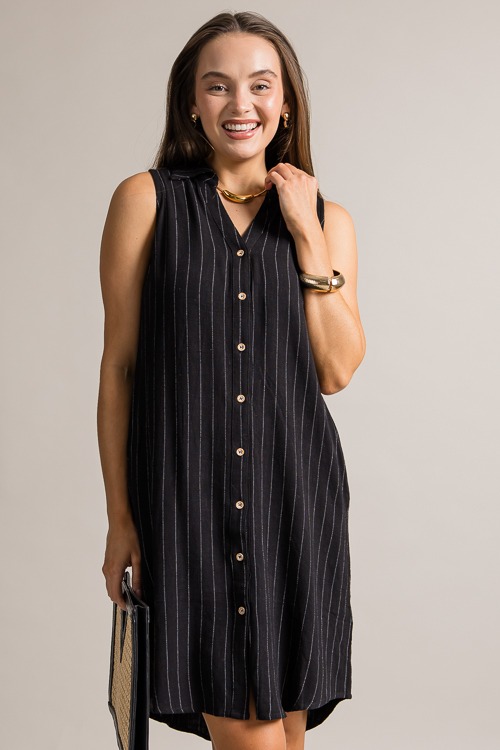 Pinstripe Linen Shirt Dress, Black - 0621-384.jpg