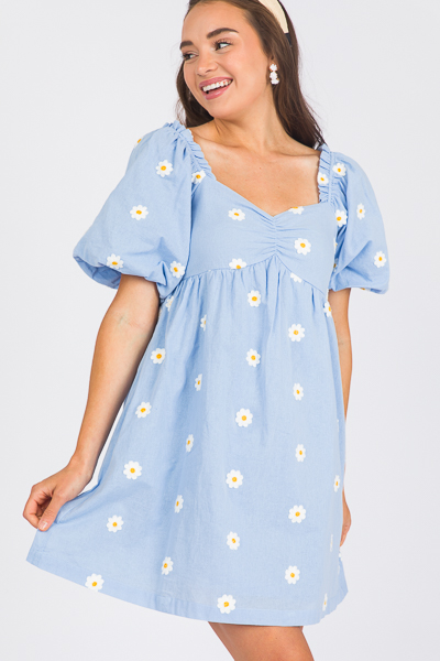 Embroidered Daisies Dress, Blue