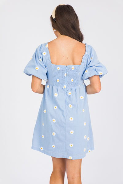Embroidered Daisies Dress, Blue